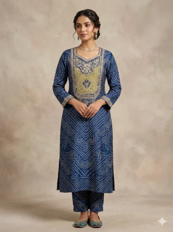 Suit Gajji Silk Fabric Bandhej Suit with Tilla Work Blue