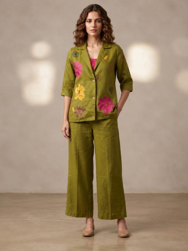 Olive Bloom Floral Embroidered Co-Ord Set – Women’s Blazer & Wide-Leg Pants