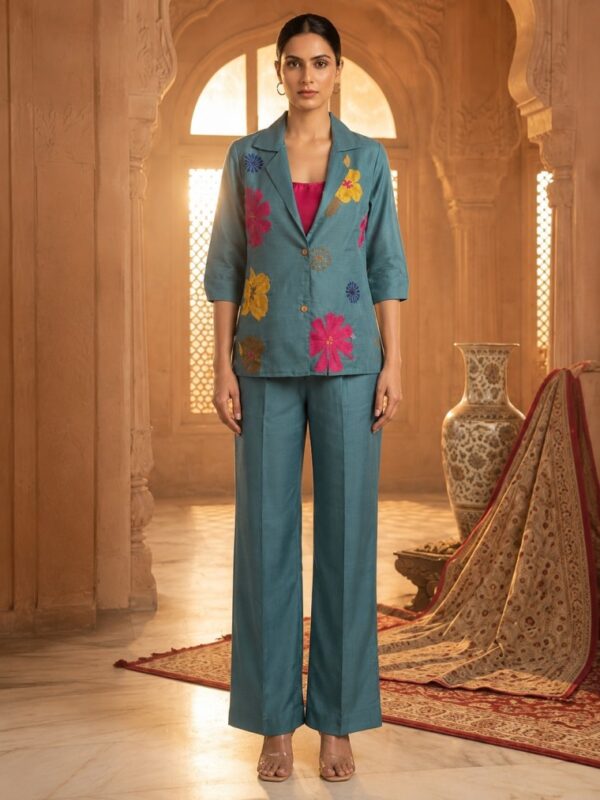 Teal Floral Blazer & Wide-Leg Trouser Set