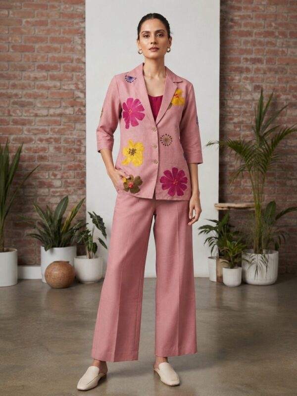 Pink Floral Embroidered Blazer Co-Ord Set for Women