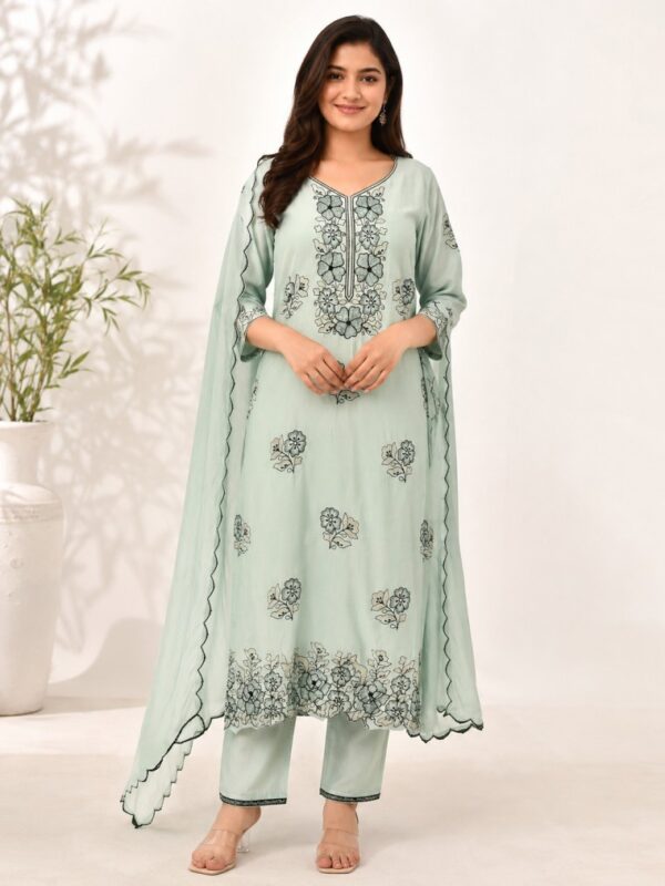 Mint Floral Embroidered Unstitched Suit